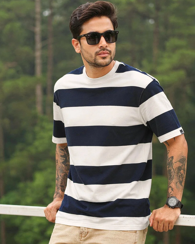 bewakoof Men's Blue & White Striped Oversized T-shirt
